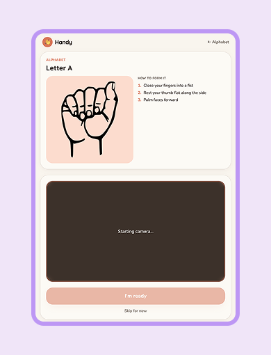 Handy app screenshot showing an ASL lesson for the letter A